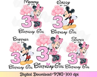 Camisetas familiares de tercer cumpleaños Minnie PNG, paquete de paquete familiar de tercer cumpleaños para planchar, camiseta de tercer cumpleaños de Minnie, tercer png de sublimación