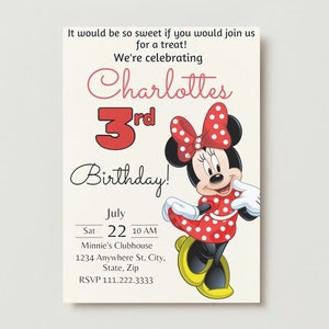 Invito di compleanno classico rosso e giallo di Minnie Mouse, invito di compleanno modificabile, invito stampabile, invito di compleanno rosso di Minnie