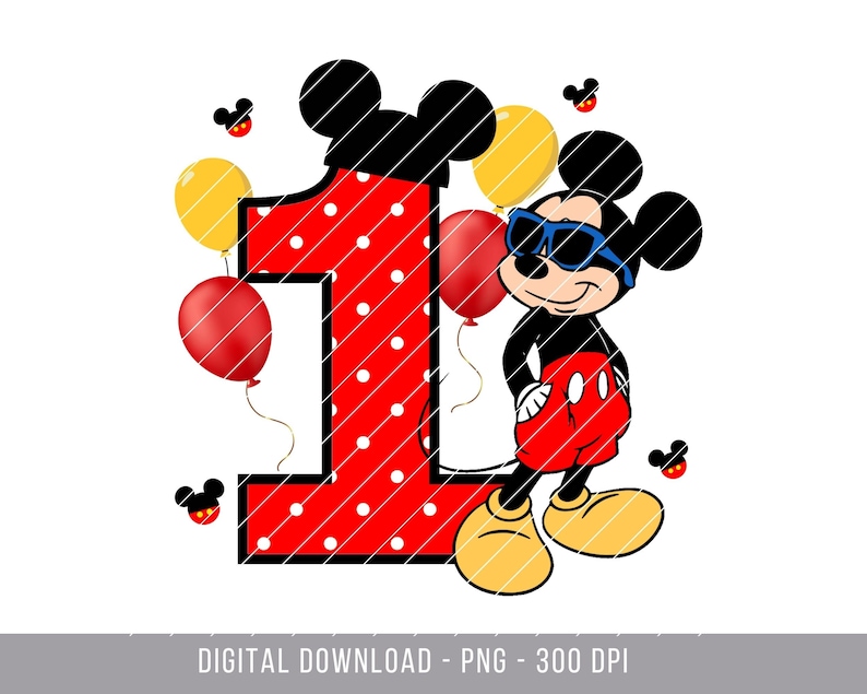 Puede incluir: N&uacute;mero uno rojo y blanco con lunares con Mickey Mouse usando gafas de sol y pantalones cortos rojos. Mickey Mouse est&aacute; de pie a la derecha del n&uacute;mero uno. Hay globos rojos y amarillos alrededor del n&uacute;mero y Mickey Mouse.
