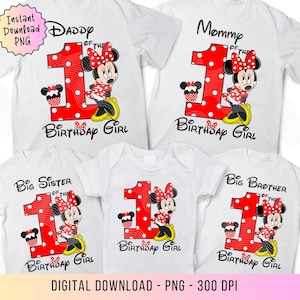 Rote Minnie Maus 1. Geburtstag, Familiengeburtstag PNG-Bilder, 1. Geburtstag Bundle Pack zum Aufbügeln, Minnie 1., Rote Minnie Sublimation png