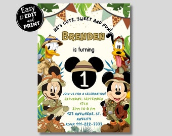 May include: A birthday invitation featuring Mickey Mouse and friends dressed in safari outfits. The invitation is for Brenden's 1st birthday party. The text reads "He's cute, sweet and fun! Brenden is turning 1. Join us for a celebration! Saturday, September 17th, 2PM to 6 PM, 123 Anywhere, St. Anycity, RSVP 111-222-3333."