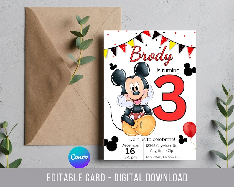 May include: A printable birthday invitation featuring Mickey Mouse. The invitation is white with red, yellow, and black accents. The text reads "Brody is turning 3".