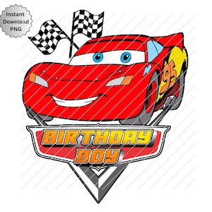 Aniversariante de Carros PNG, Carros Iron On, Relâmpago Mcqueen PNG, Camiseta com tema de carros de corrida, Sublimação de imagem de aniversário DTF, Download digital