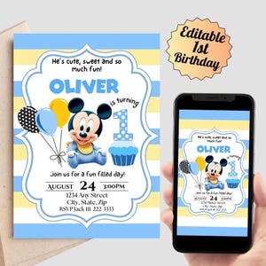 Invito modificabile per il primo compleanno di Baby Mickey, invito di compleanno di Topolino, invito stampabile di Topolino, invito di compleanno con testo di Topolino