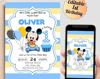 May include: A blue and yellow striped birthday invitation with a cartoon Mickey Mouse holding balloons. The invitation says "He's cute, sweet and so much fun! Oliver is turning 1. Join us for a fun filled day! August 24, 3:00PM, 1234 Any Street, City, State, Zip, RSVP Jack III 222 3333"