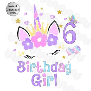 Einhorn 6 Geburtstag PNG Glitzer Einhorn Bild für DTF Sublimation Download Pastell Regenbogen Einhorn Geburtstag Mädchen Cute Birthday Outfit 6