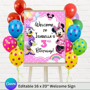 Cartello di benvenuto modificabile di Minnie e Daisy di qualsiasi età, cartello di benvenuto stampabile per la festa, cartello per la festa di compleanno, download di banner modello Canva