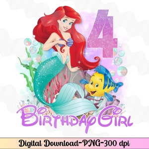 4e verjaardag Ariel PNG, verjaardag prinses opstrijkbaar, gelukkige verjaardag png, magische verjaardag instant download, prinses 4e verjaardag png