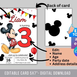 Puede incluir: Tarjeta de invitaci&oacute;n de cumplea&ntilde;os editable con Mickey Mouse y el texto "Liam cumple 3 a&ntilde;os". La tarjeta es roja, negra y amarilla con fondo blanco. Incluye un globo rojo, orejas de Mickey Mouse negras y una pancarta roja con lunares blancos.