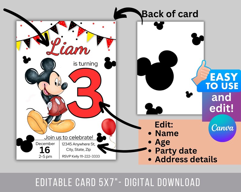Puede incluir: Tarjeta de invitaci&oacute;n de cumplea&ntilde;os editable con Mickey Mouse y el texto "Liam cumple 3 a&ntilde;os". La tarjeta es roja, negra y amarilla con fondo blanco. Incluye un globo rojo, orejas de Mickey Mouse negras y una pancarta roja con lunares blancos.