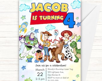 Invito di compleanno modificabile Toy Story, invito di compleanno Woody e Buzz, modello Canva, invito stampabile per la festa di compleanno Toy Story