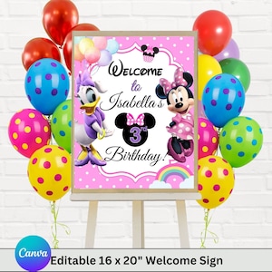 Elke leeftijd bewerkbare Minnie en Daisy welkomstbord, afdrukbare welkomstbanner Minnie, teken voor verjaardagsfeestje, Canva sjabloon banner downloaden