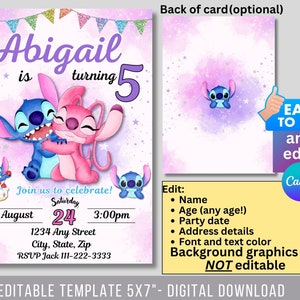 May include: Editable 5x7 inch birthday party invitation template featuring Stitch and Angel from Lilo & Stitch. The invitation is pink and purple with glitter accents and stars. The text says "Abigail is turning 5" and includes details for a Saturday party in August.