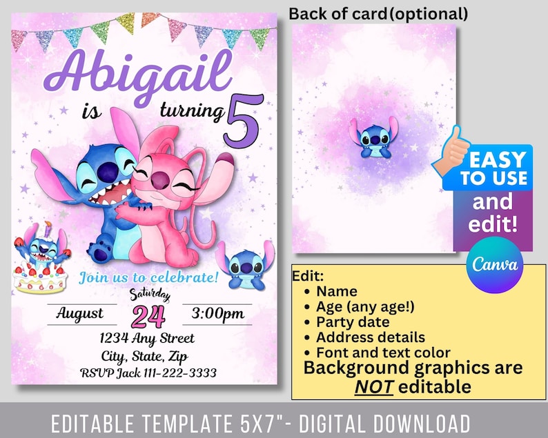 May include: Editable 5x7 inch birthday party invitation template featuring Stitch and Angel from Lilo & Stitch. The invitation is pink and purple with glitter accents and stars. The text says "Abigail is turning 5" and includes details for a Saturday party in August.