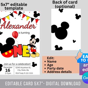 Op de afbeelding: Bewerkbare verjaardagsinnodigingstemplate van 12,7 x 17,8 cm met een cartoon Mickey Mouse-personage. De template is versierd met rode, gele en zwarte Mickey Mouse-oren en een rode en witte stippenachtergrond. De tekst "Alexander wordt &eacute;&eacute;n" staat op de uitnodiging. De achterkant van de kaart is wit met zwarte Mickey Mouse-oren.