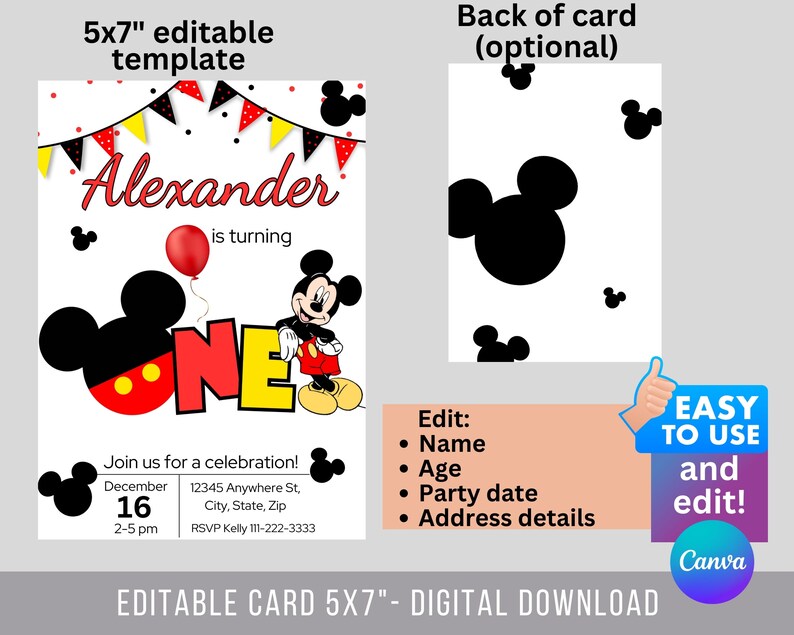 Op de afbeelding: Bewerkbare verjaardagsinnodigingstemplate van 12,7 x 17,8 cm met een cartoon Mickey Mouse-personage. De template is versierd met rode, gele en zwarte Mickey Mouse-oren en een rode en witte stippenachtergrond. De tekst "Alexander wordt &eacute;&eacute;n" staat op de uitnodiging. De achterkant van de kaart is wit met zwarte Mickey Mouse-oren.