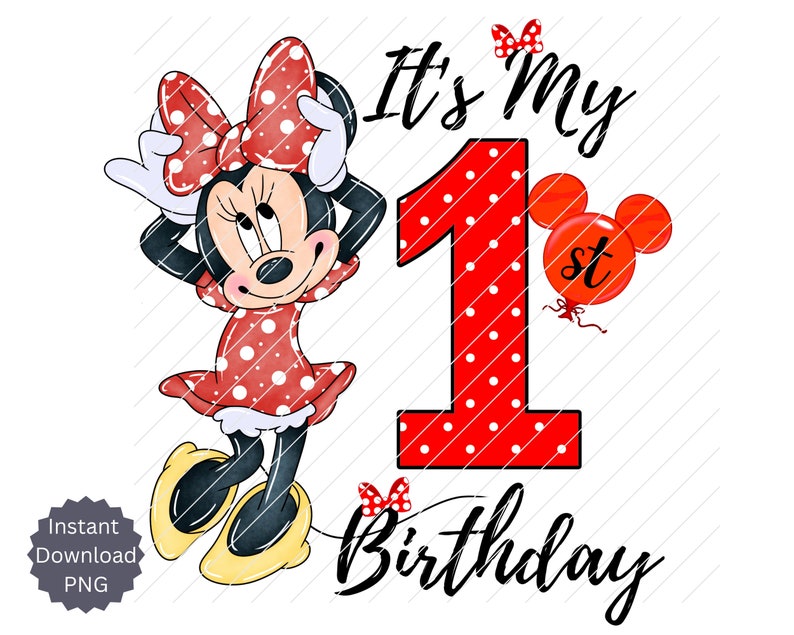 Puede incluir: Personaje de Minnie Mouse con lunares rojos y blancos con un lazo rojo, de pie con los brazos en alto. El texto "It's My 1st Birthday" est&aacute; escrito en negro con un n&uacute;mero 1 de lunares rojos.