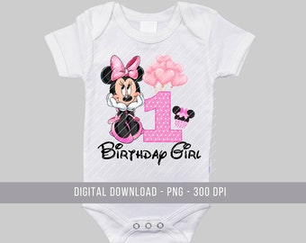 May include: A white onesie featuring a pink Minnie Mouse character holding a pink number one with pink polka dots. The onesie has the text "Birthday Girl" in black.