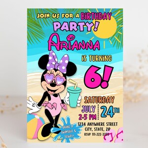 May include: A birthday party invitation featuring a cartoon image of Minnie Mouse wearing sunglasses and a swimsuit. The invitation is for a girl named Arianna turning 6 years old. The text on the invitation reads "Join us for a birthday party! Arianna is turning 6! Saturday July 24th 2-5 PM. Bring a swimsuit & towel. 1234 Anywhere Street City, State, Zip RSVP 111-222-3333"