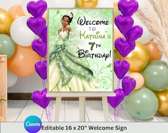 May include: A welcome sign for a 7th birthday party featuring a cartoon image of Princess Tiana from Disney's The Princess and the Frog. The sign is decorated with purple heart-shaped balloons and the text "Welcome to Katrina's 7th Birthday!"