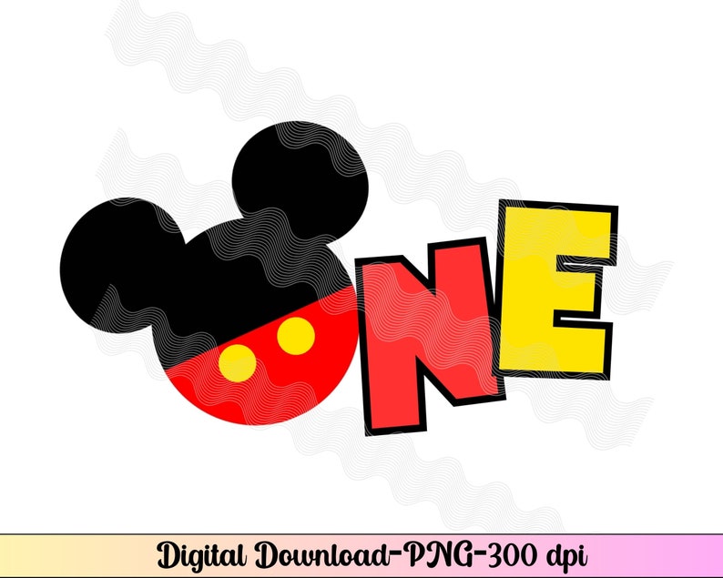 Pu&ograve; includere: Una testa di Topolino rossa, gialla e nera con due cerchi gialli sul viso. La parola "ONE" &egrave; scritta in lettere rosse e gialle.