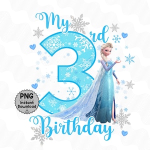 Elsa 3. urodziny PNG Kraina Lodu, Elsa solenizantka, obraz do sublimacji DTF, zimowe urodziny w kształcie płatka śniegu, Kraina Lodu Elsa do pobrania cyfrowego