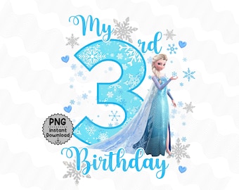Elsa 3. urodziny PNG Kraina Lodu, Elsa solenizantka, obraz do sublimacji DTF, zimowe urodziny w kształcie płatka śniegu, Kraina Lodu Elsa do pobrania cyfrowego