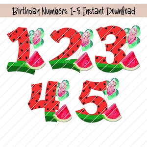 Pastèque numéros 1 à 5, fer à repasser les 1, 2, 3, 4, 5 ans anniversaire, lot de sublimation à usage commercial, thème pastèque 1er anniversaire, png thumbnail