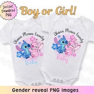 May include: Two white onesies with a blue and pink Stitch and Angel character design. The text on the onesies reads "Ohana Means Family Baby".