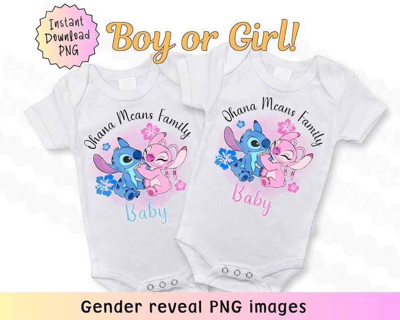 May include: Two white onesies with a blue and pink Stitch and Angel character design. The text on the onesies reads "Ohana Means Family Baby".