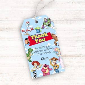 Toy Story Party Bevorzugung Geschenkanhänger, Dankeschön-Etikett, digitale Danke-Karte, Kindergeburtstag-Gastgeschenkaufkleber, Woody und Buzz Geschenkanhänger