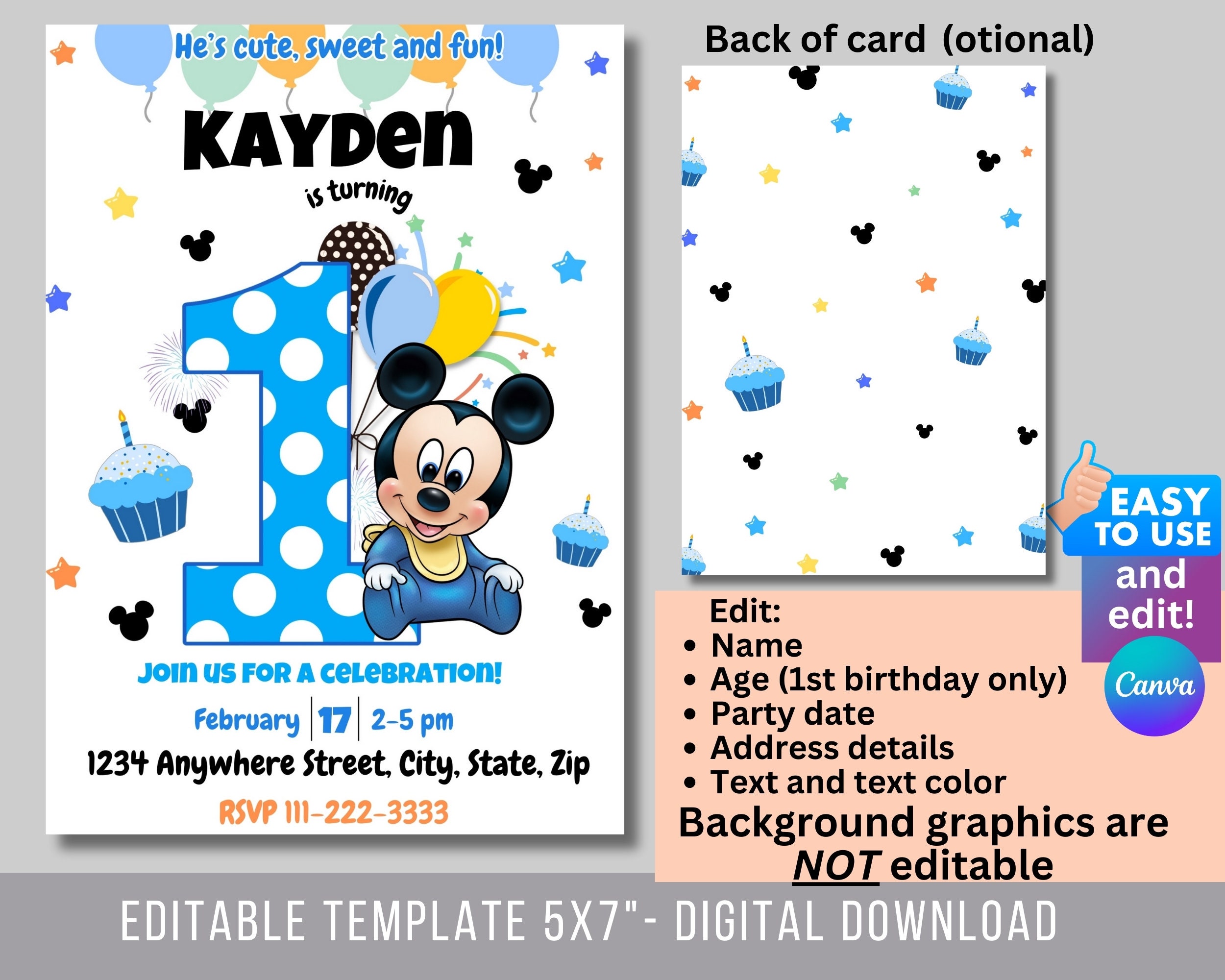 1st Birthday Editable Mickey Mouse Invitation, Birthday Invitation ...