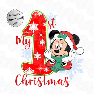 Puede incluir: Gráfico digital con Minnie Mouse con gorro y bufanda de Papá Noel, con el texto "My 1st Christmas". El número "1" es rojo con copos de nieve blancos y un contorno verde. Las palabras están en escritura roja.