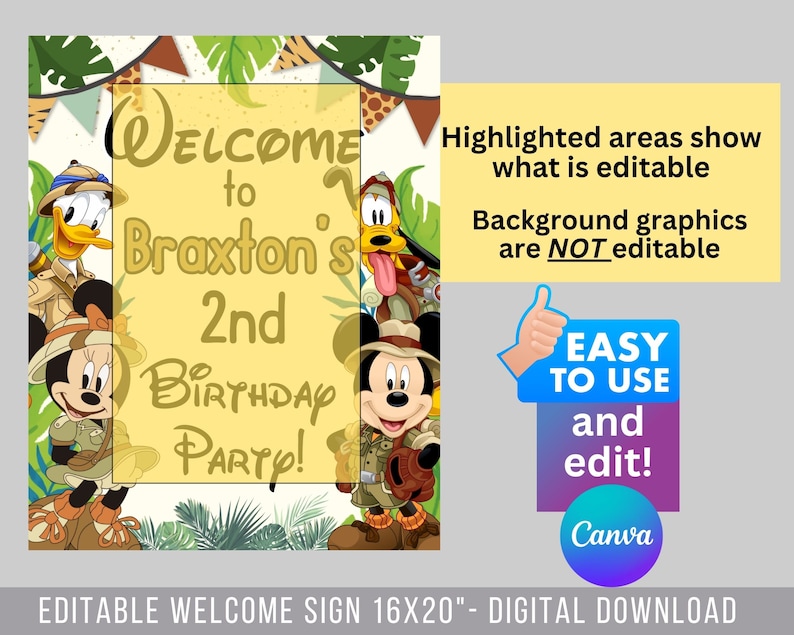 May include: Editable welcome sign for a 2nd birthday party featuring Mickey Mouse and Donald Duck in safari outfits. The sign is yellow with green foliage and says "Welcome to Braxton's 2nd Birthday Party!"