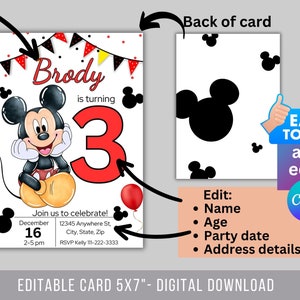 May include: Editable birthday invitation card featuring Mickey Mouse. The card is red, black, and yellow with a white background. The text on the card reads "Brody is turning 3".