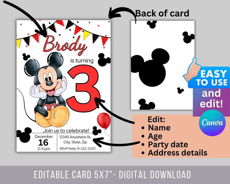 May include: Editable birthday invitation card featuring Mickey Mouse. The card is red, black, and yellow with a white background. The text on the card reads "Brody is turning 3".