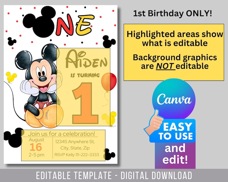 Editable Mickey Mouse Birthday Invitation, Printable Invitation Mickey ...