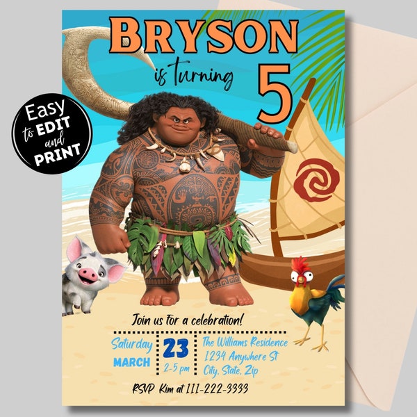 Editable Moana Maui Birthday Invitation, Summer Birthday Invitation, Printable Invitation for boy birthday, Canva Template Birthday Invite