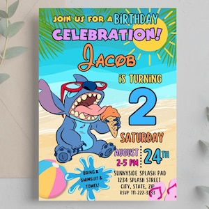 Editable Stitch Birthday Invitation, Summer Party Invitation Lilo and Stitch, Printable Invitation for Pool Party, Canva Template Birthday