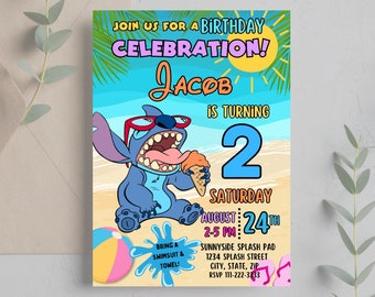Editable Stitch Birthday Invitation, Summer Party Invitation Lilo and Stitch, Printable Invitation for Pool Party, Canva Template Birthday