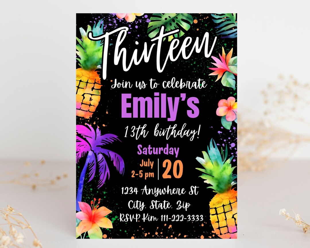 Editable 13th Birthday Party Invitation, Tropical Summer Theme Birthday ...