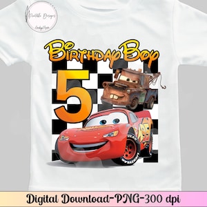 Camiseta de cumpleaños con tema de Cars Race Cars, descarga digital, DTF, sublimación, para planchar, para niño, Cars, para cumpleaños, Rayo Mcqueen y Mater