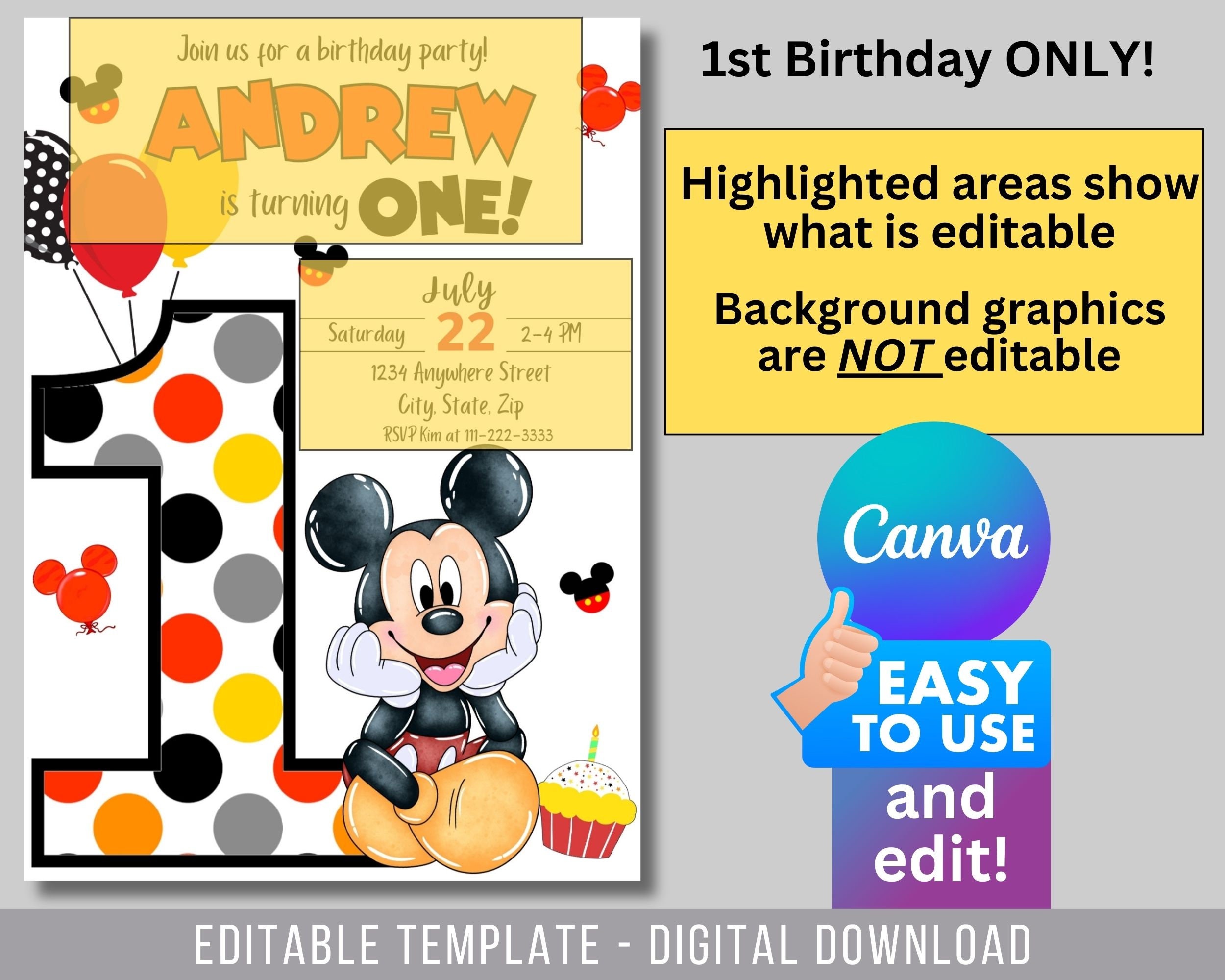 Editable Mickey Mouse Birthday Invitation, Printable Invitation Mickey ...