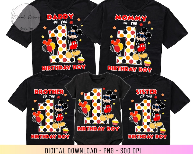 May include: Set of five black t-shirts with a red, yellow and black Mickey Mouse design. The shirts feature the text "Daddy of the Birthday Boy", "Mommy of the Birthday Boy", "Brother of the Birthday Boy", "Sister of the Birthday Boy", and "Birthday Boy".