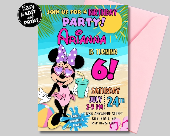 Editable Minnie Birthday Invitation, Summer Minnie Invitation, Printable Invitation for Pool birthday Party, Canva Template Birthday Invite