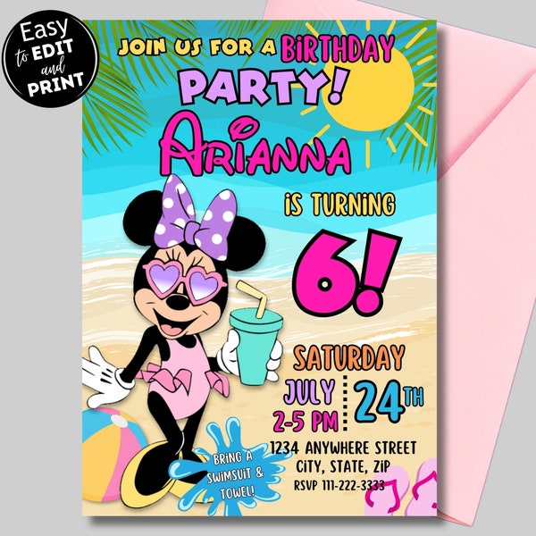 Editable Minnie Birthday Invitation, Summer Minnie Invitation, Printable Invitation for Pool birthday Party, Canva Template Birthday Invite