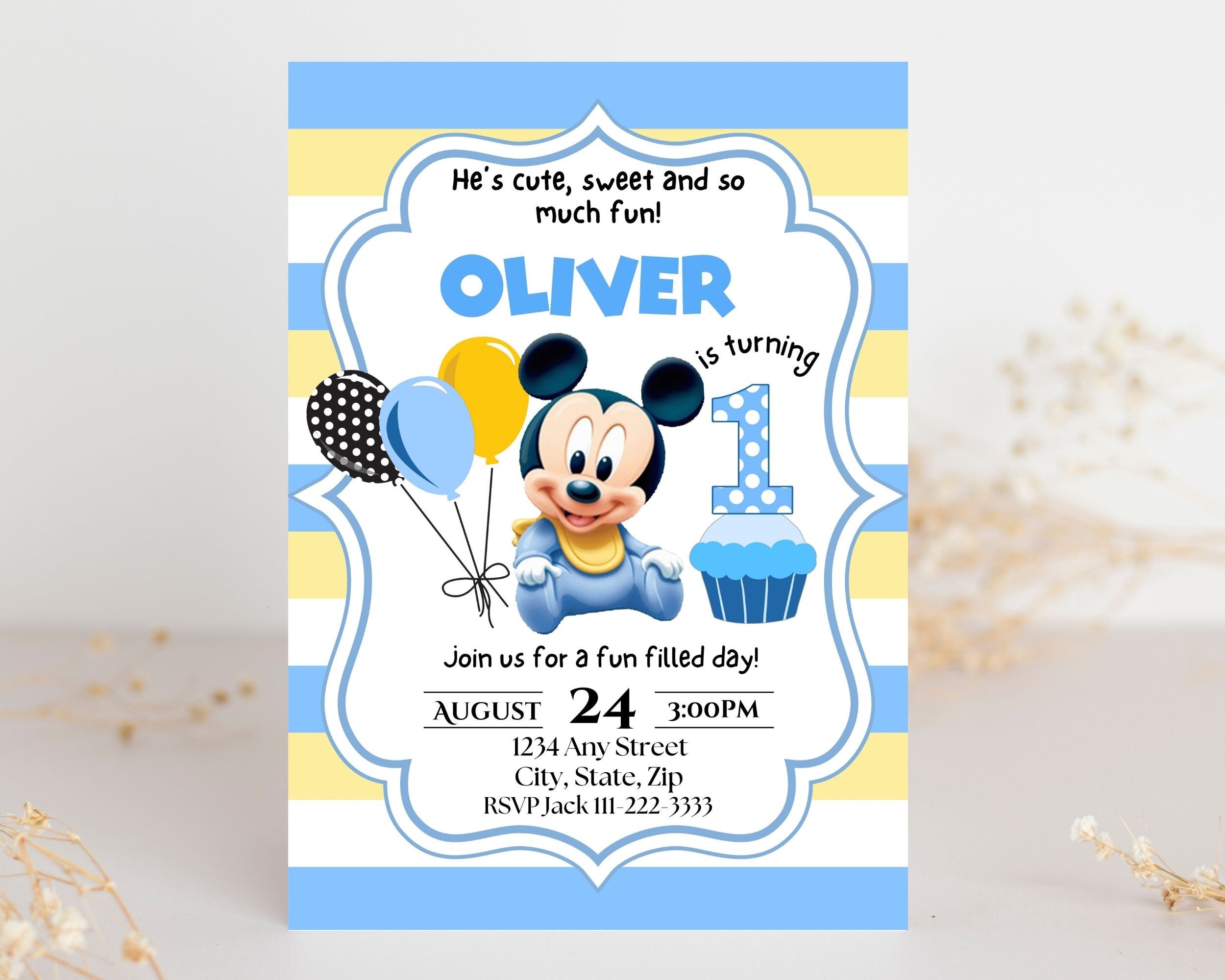 Editable Baby Mickey 1st Birthday Invitation, Birthday Invitation Mickey, Printable  Invitation Mickey, Birthday Text Invite Mickey - Etsy, image size:2500x2000
