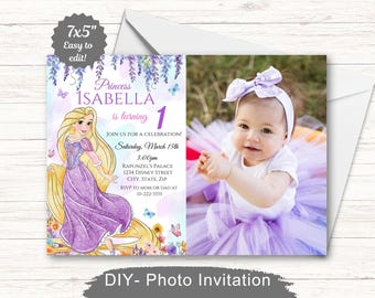May include: A printable 7x5 inch photo invitation for a first birthday party. The invitation features a purple and yellow watercolor background with a cartoon image of Rapunzel from the Disney movie Tangled. The invitation also includes a photo placeholder for a child wearing a purple tutu and a white shirt. The text on the invitation reads "Princess Isabella is turning 1. Join us for a celebration! Saturday, March 15th, 3:00pm, Rapunzel's Palace, 1234 Disney Street, City, State, Zip. RSVP to Mom or Dad at 111-222-3333."