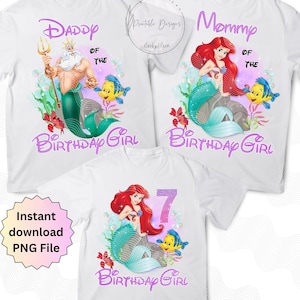 Repassez pour le 7e anniversaire de la princesse Ariel, anniversaire fille famille pour 7e anniversaire, petite sirène 7e anniversaire maman et papa chemise