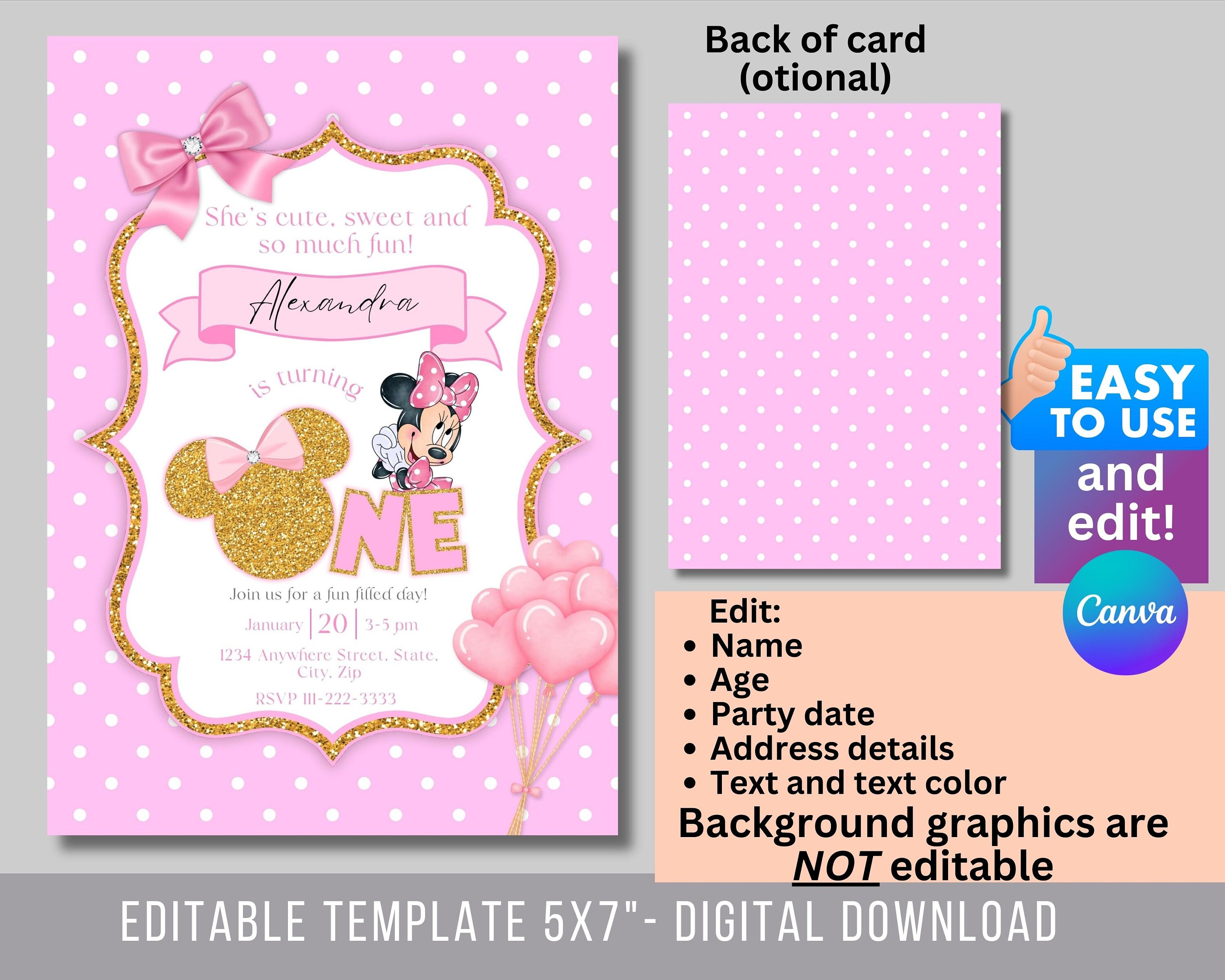 Editable Light Pink Minnie Mouse Birthday Invitation, Girls Birthday ...